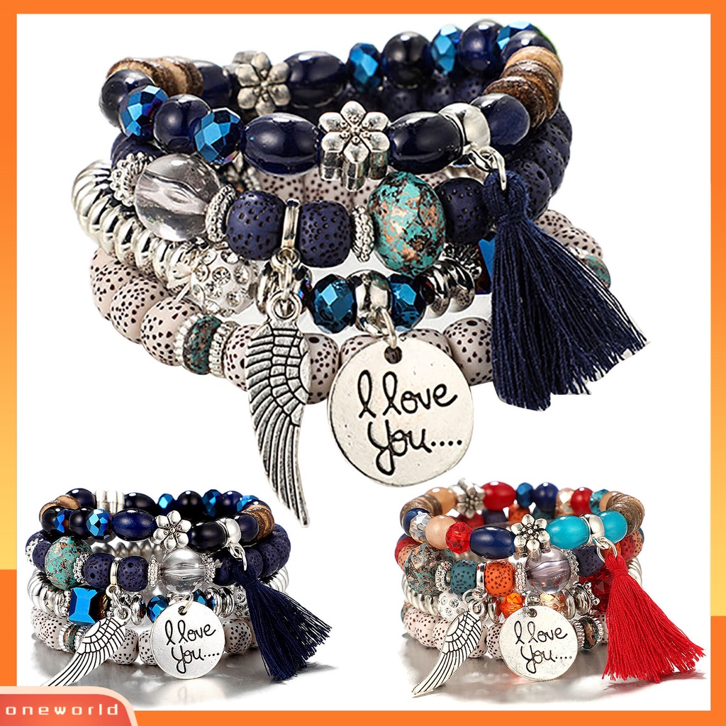 [EONE] 4pcs/set Gelang Wanita Gaya Bohemian Manik-Manik Vintage Rantai Tangan Rumbai Untuk Hadiah