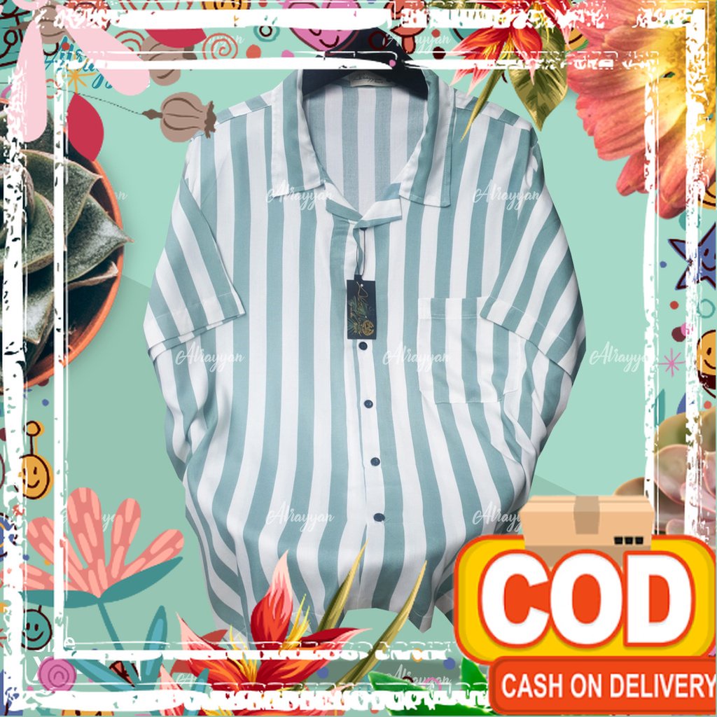 Alrayyan Store - Kemeja Hawai Rayon Motif Sage Green Salur Lengan Pendek Men And Women Baju Santai H