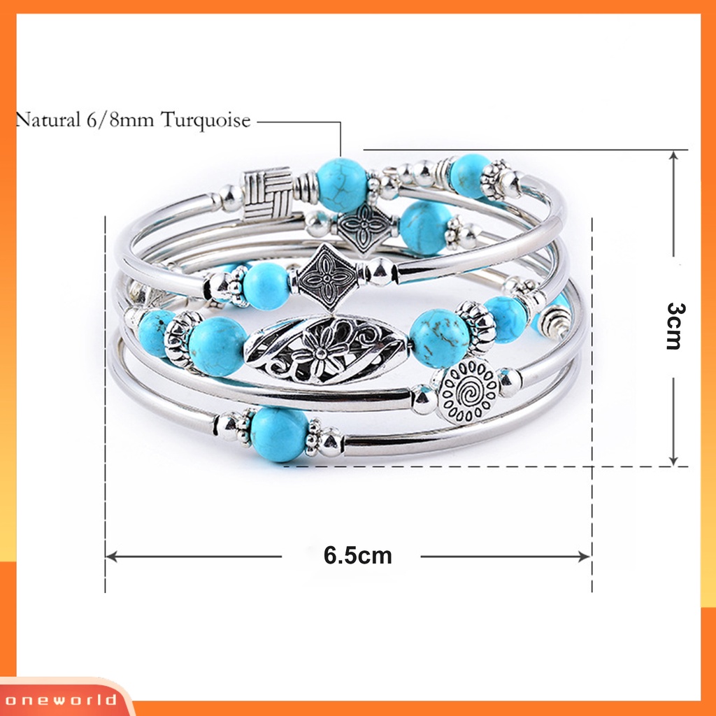 [EONE] Wanita Bangle Batu Alam Etnik Multi Layered Retro Biru Turquoise Beads Bungkus Gelang Perhiasan Aksesoris