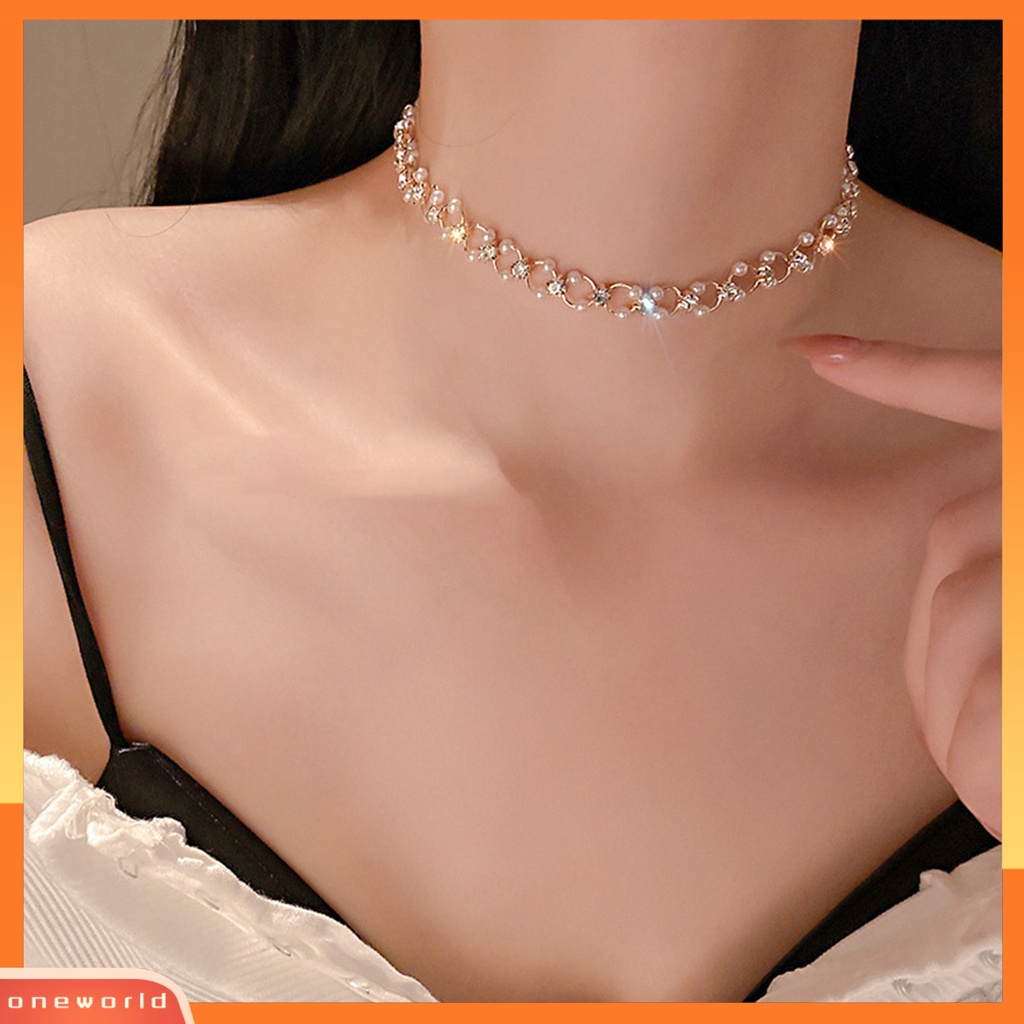 [EONE] Wanita Kalung Lingkaran Mutiara Imitasi Perhiasan Berlian Imitasi Bersinar Kalung Choker Untuk Pesta Perjamuan Pernikahan Prom