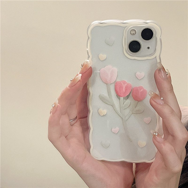 【INS Wave】Pink Tulip Love Soft TPU Case HP iP iPhone 11 12 13 14 Pro Max 7 8 + Plus SE 2020 X XS XR Max Girl Woman Clear FTD Casing Apple
