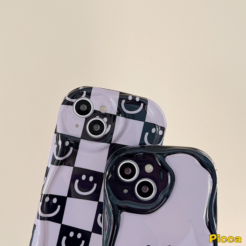 IPHONE Checkerboard Cute Smile Case Kompatibel Untuk Iphone11 14 12 13 Pro Max 7Plus 8Plus XR X7 8 6s 6 Plus XS Max SE 2020 Kartun Smiley 3D Wavy Curved Edge Lembut Shockproof Glossy Cover