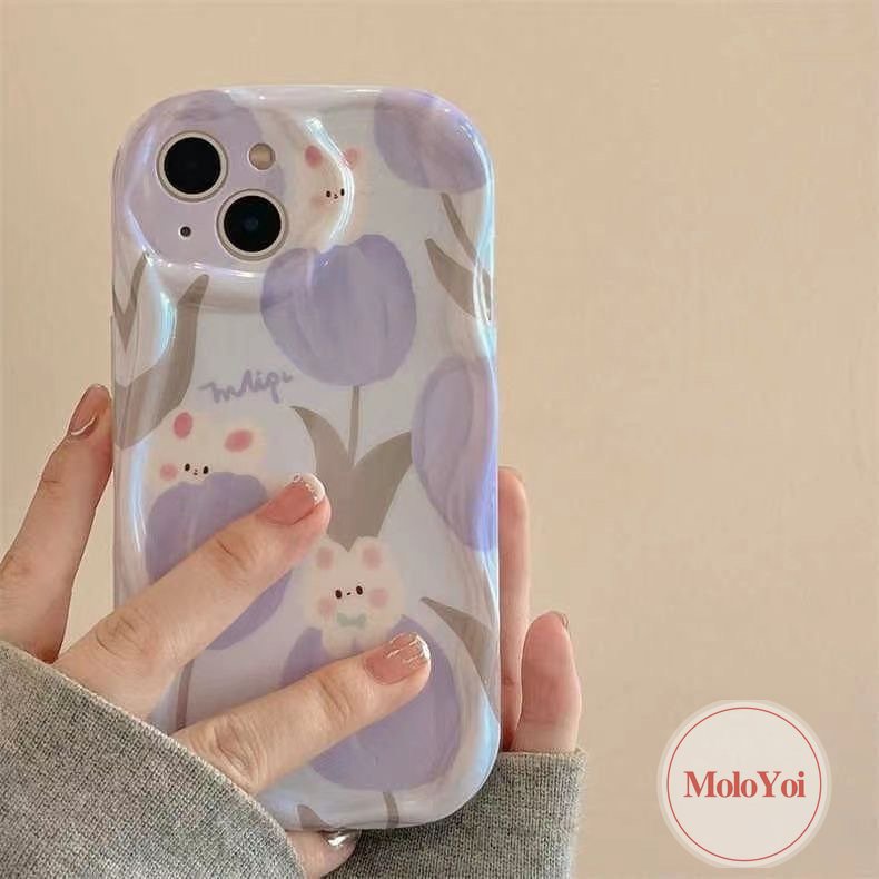 Casing Bunga Tulip Segar Kompatibel Untuk iPhone 7Plus XR 11 14 12 13 Pro Max X 7 8 6s 6 Plus XS Max SE 2020 Kelinci Lucu Shockproof Soft Tpu 3D Wavy Curved Edge Glossy Cover Case