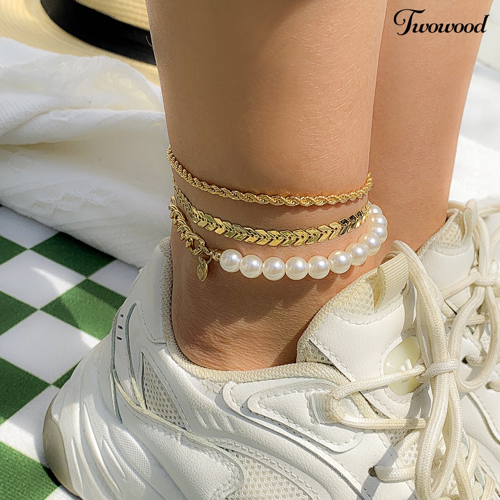 Twowood 3Pcs Wanita Gelang Kaki Twist Rantai Mutiara Imitasi Perhiasan Vintage Multilayer Anklets Footwear