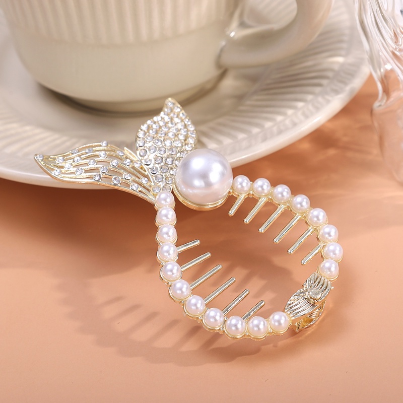 [Unggulan] Ponytail Hair Claws Hairpin Fishtail Pearl Rhinestone Bun Head Grab Clip Back Head Aksesoris Rambut Hias Temperamen Gesper Klip Hiasan Kepala Perempuan Panci Rambut Artefak