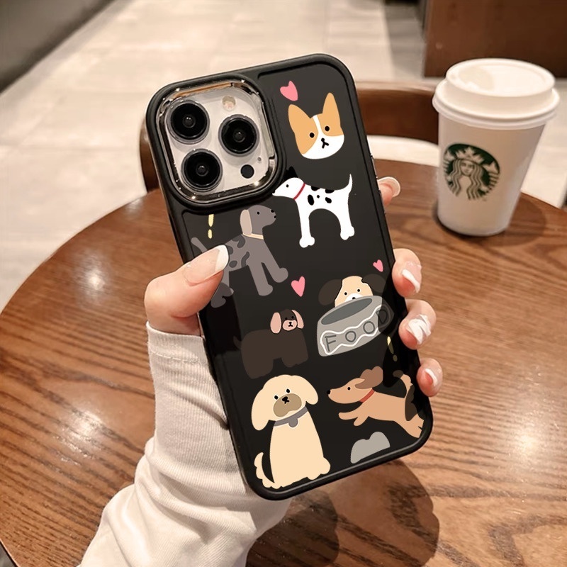 IPHONE Bingkai Tombol Logam Pink Dan Coklat Casing Ponsel Desain Puppy Layar Penuh Kompatibel Dengan Iphone12 13 14 11 Pro Max X Xs Max Xr Vvcdfr