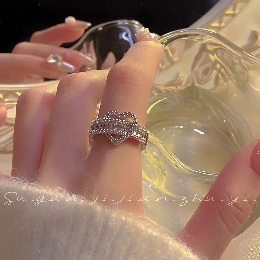 Ay (CN) Cincin Perak Kupu-Kupu Hati Fashion Kristal Single Double Layer Rings Untuk Aksesoris Perhiasan Wanita