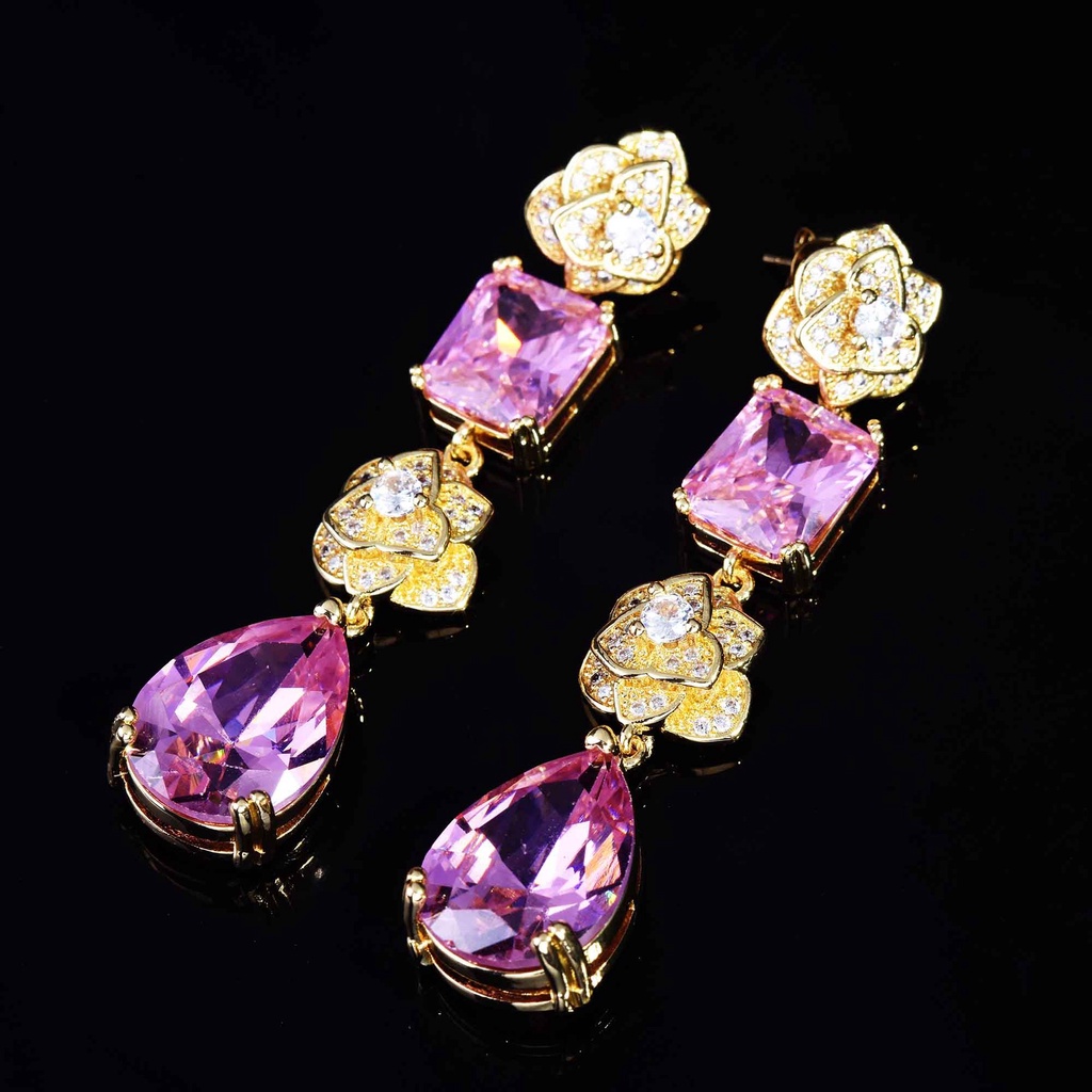 Goldkingdom Aksesoris Perhiasan Fashion Ready Stock Camellia Stud Earrings Set Dengan Argyle Pink Diamond Roses Anting Stud Panjang