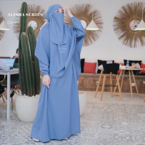 Gamis wanita syari polos alisha set khimar cadar  baju muslim - Biru Muda