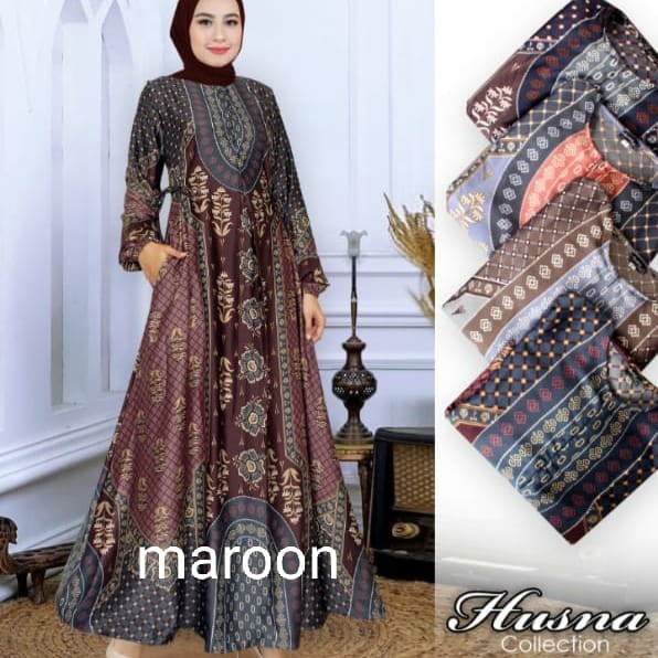 Gamis Wanita Muslim Baju Gamis Motif Raflesia  - Abu-abu, M