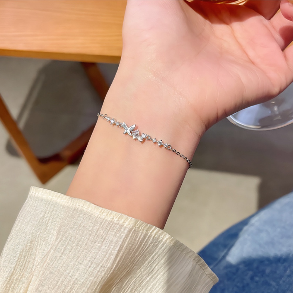 Gaya Sederhana Elegan Liontin Kupu-Kupu Zirkon Pesona Wanita Fashion Perhiasan Perak Titanium Steel Bangles Rantai Gelang