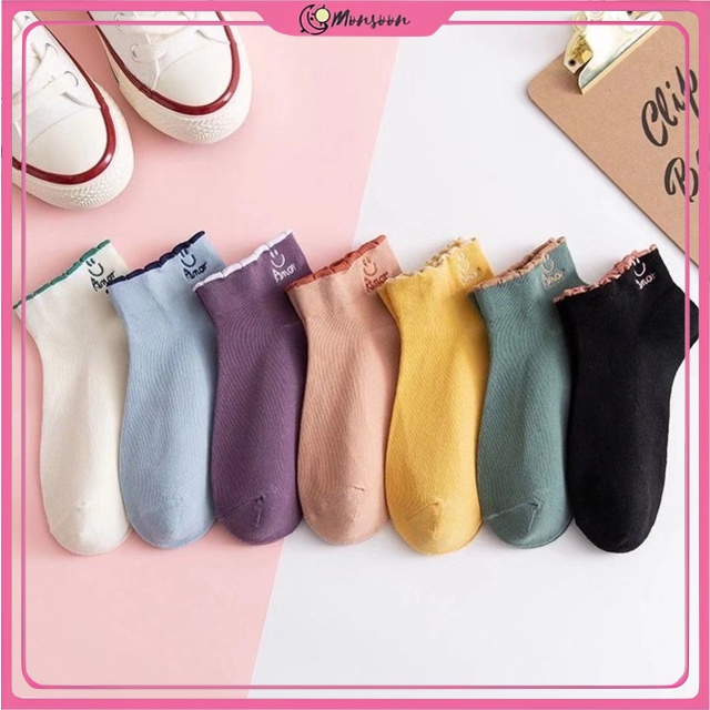 MONSOON - D2028 Kaos Kaki Pendek Motif Smile / Kaos Kaki Ankle Socks / Kaos Kaki K5697 / Kaos Kaki Pendek Fashion Wanita / Kaos Kaki Amor Women Socks