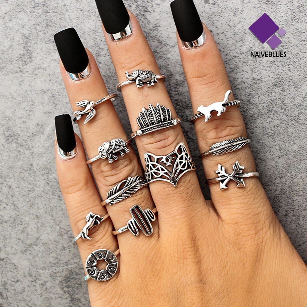 &lt; Naiveblues &gt; 12Pcs/Set Cincin Desain Gajah Rubah Daun Lady Vintage Knuckle Stacking Ring