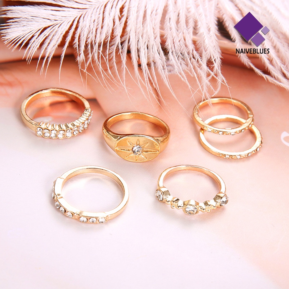 &lt; Naiveblues &gt; 6Pcs/Set Fashion Wanita Matahari Berlian Imitasi Bertatahkan Jari Cincin Perhiasan Pesta