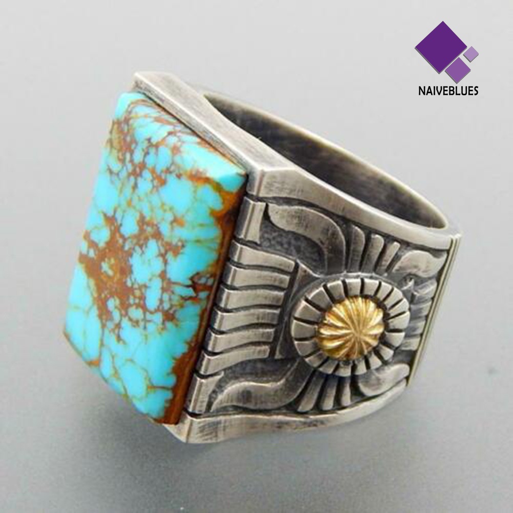 &lt; Naiveblues &gt; Retro Ukiran Bunga Matahari Imitasi Pirus Bertatahkan Cincin Wanita Perjamuan Hadiah
