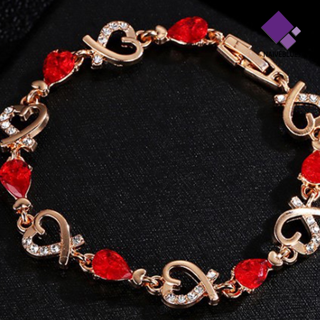 &lt; Naiveblues &gt; Jantung Berongga Wanita Gelang Zinc Alloy Warna-Warni Berlian Imitasi Rantai Perhiasan Aksesori