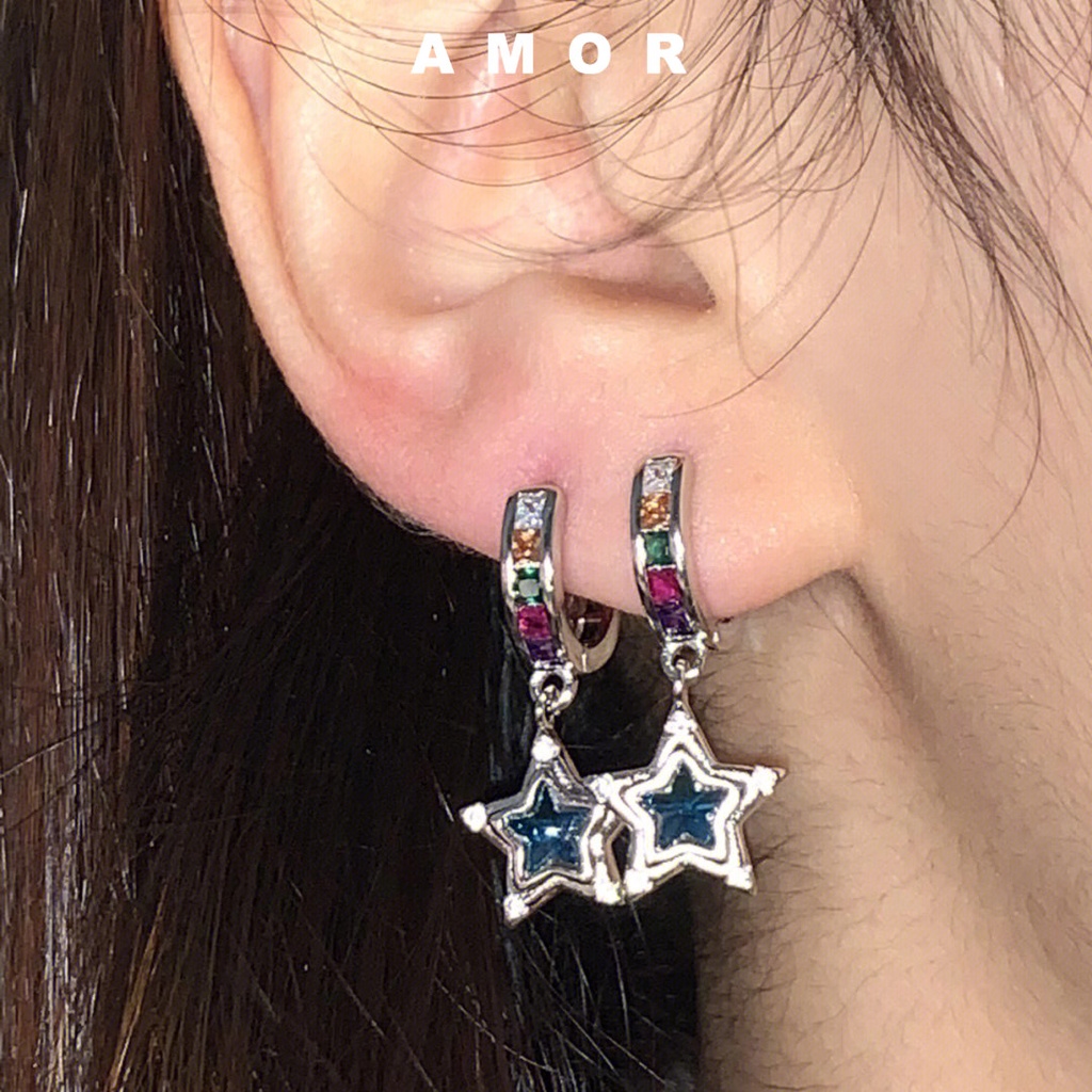 Anting Berlian Warna pentagram Biru Bintang Y2K Perempuan