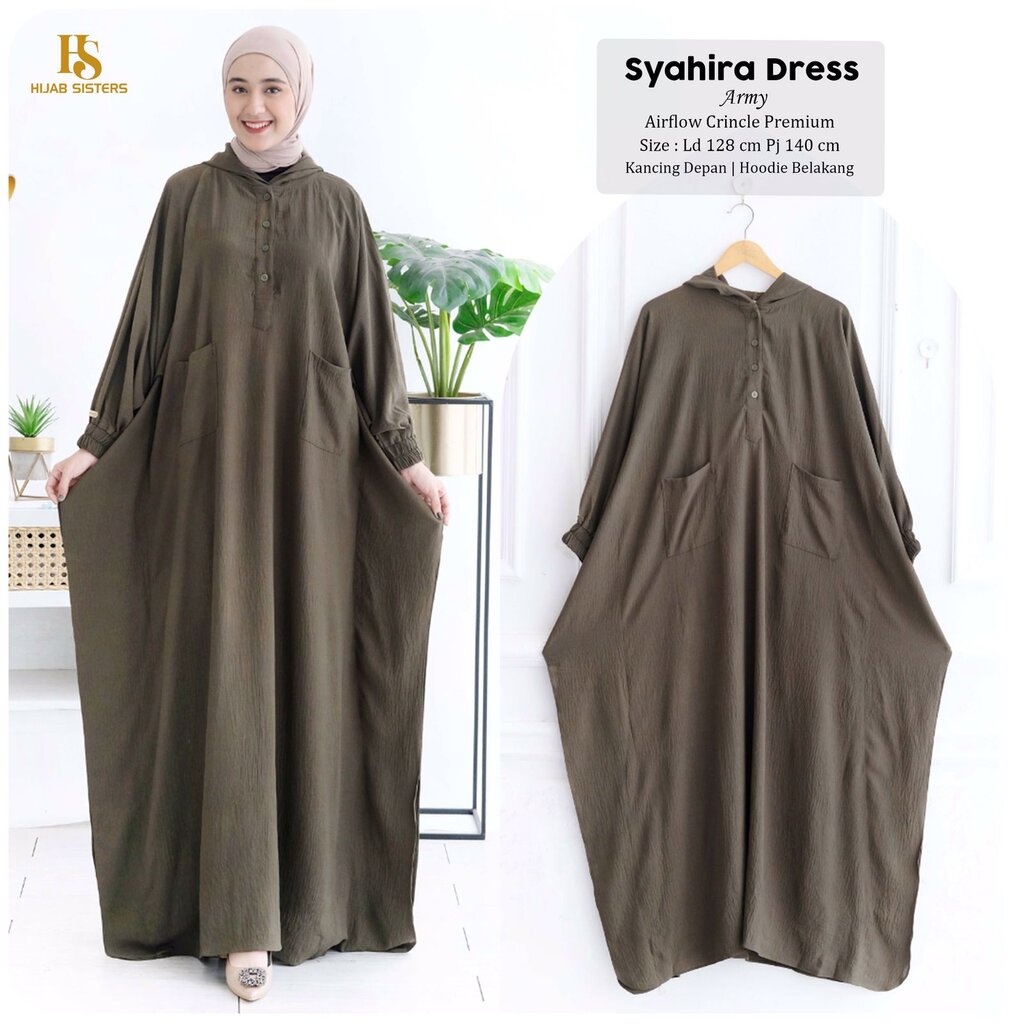 SYAHIRA Dress Hoodie ORI HIJAB SISTER | Gamis Crinkle Airflow Premium Polos Busui LD 130