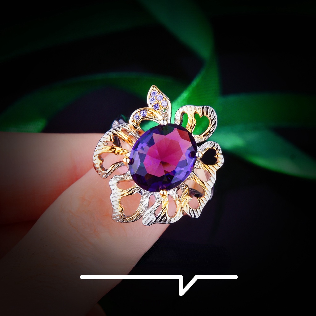 Goldkingdom Aksesoris Perhiasan Fashion Ready Stock Two-tone Kerajinan Emas Amethyst Cincin Kreatif Bunga Warna-Warni Harta Karun Pembukaan Cincin Wanita