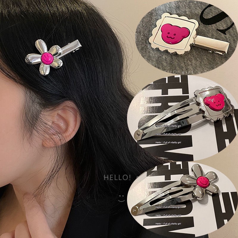 Jepit Rambut Fashion Alloy Bunga Beruang Kecil Wajah Tersenyum Untuk Anak Perempuan