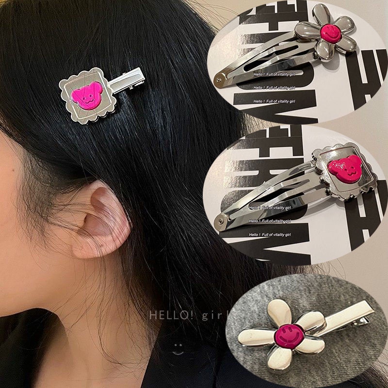 Jepit Rambut Fashion Alloy Bunga Beruang Kecil Wajah Tersenyum Untuk Anak Perempuan