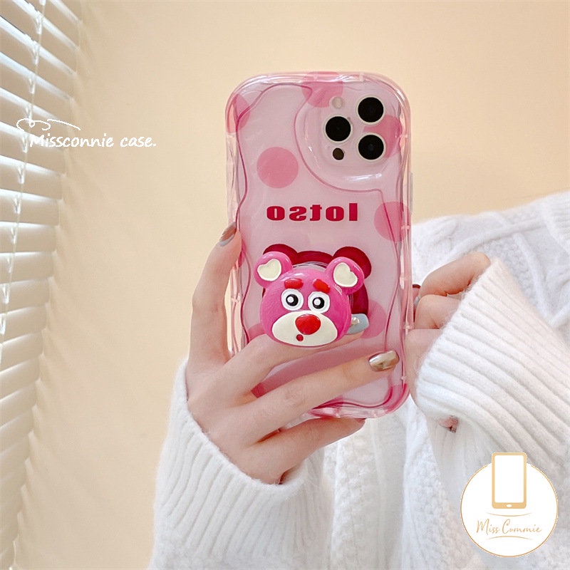 Cute Cover Kompatibel Untuk IPhone 7Plus XR 14 11 12 13 Pro Max X 7 8 6s 6 Plus XS Max SE 2020 3D Titik Gelombang Kartun Beruang Strawberry Wavy Curved Edge Glossy Shockproof Shell