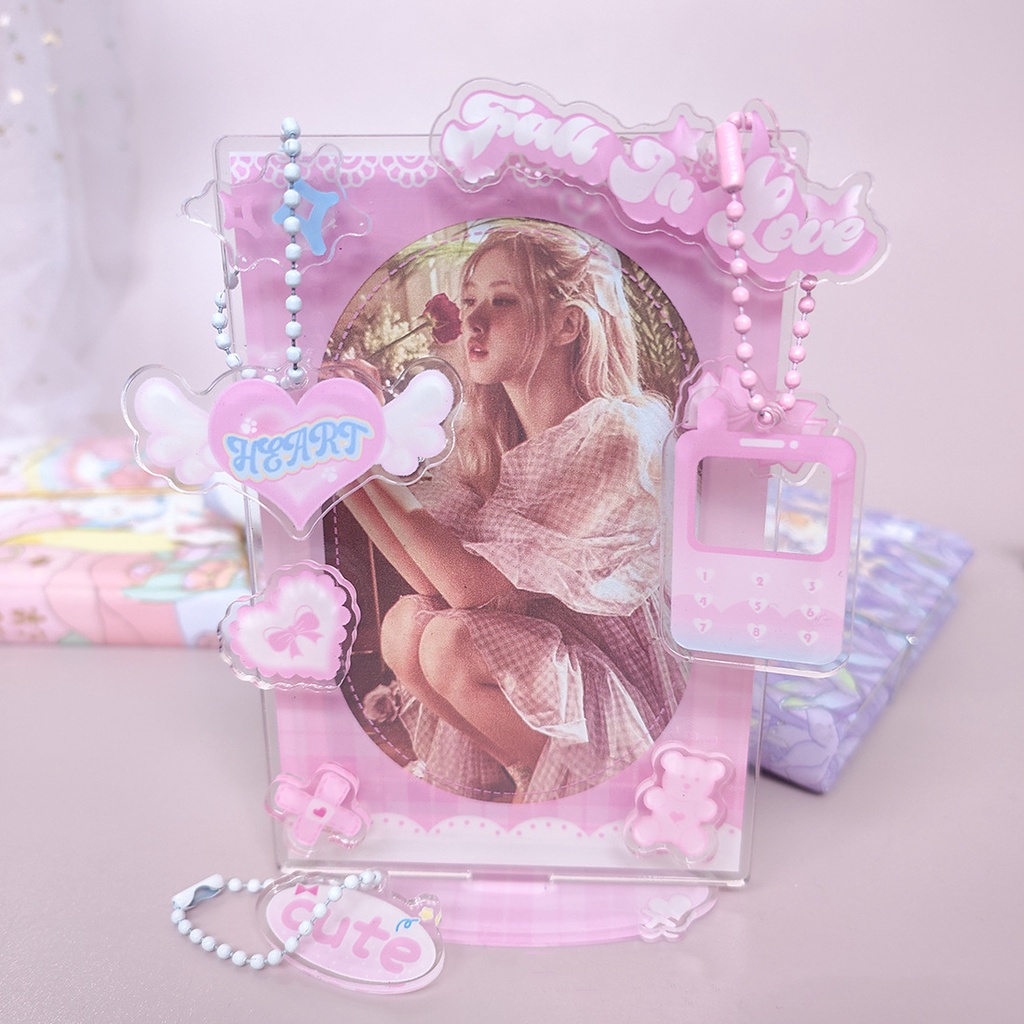 Tempat Photocard Hati Pink Lucu Dengan Dekorasi 3inch Idol Photocard Akrilik Card Holder Desktop Display Frame