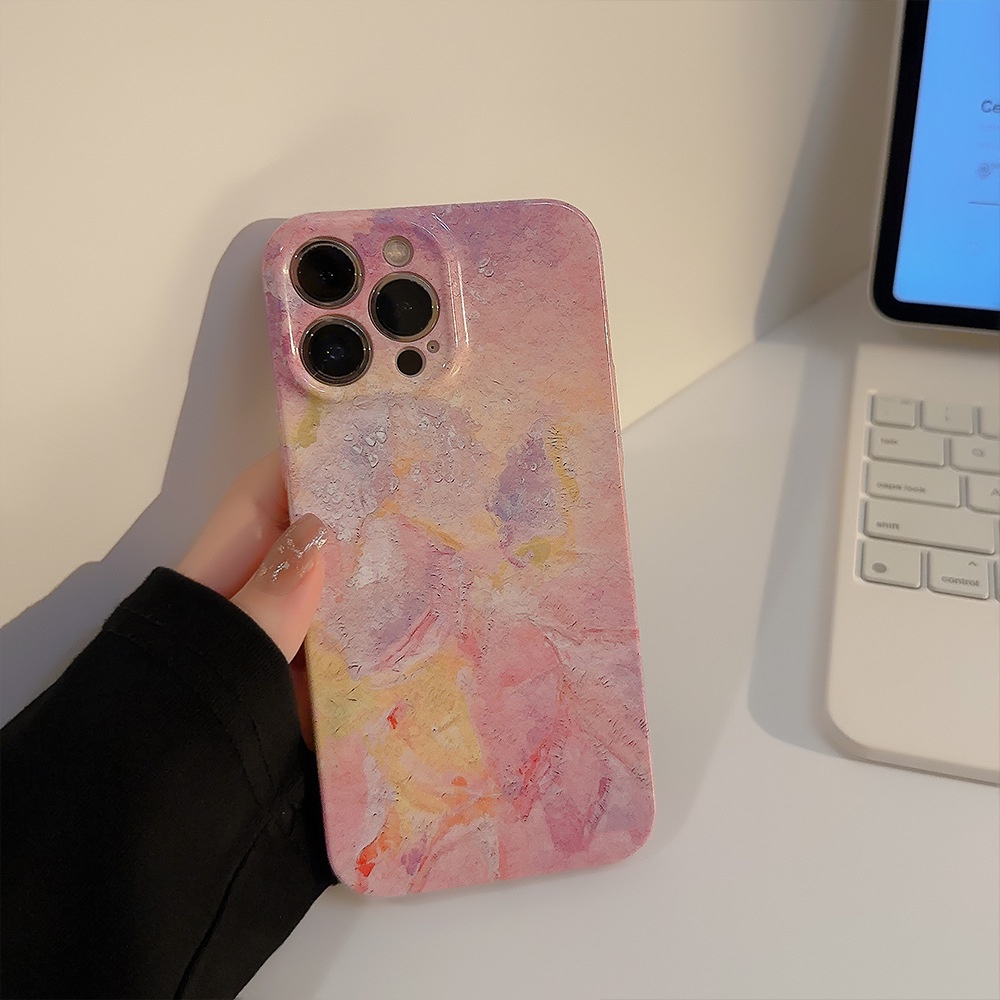 IPHONE Seni Pink Ungu Lukisan Minyak Desain Sederhana Pelindung Lensa Kamera Ponsel Hard Film Case Cover Untuk Iphone7 8 PLUS X XR XS 11 12 13 14 PRO MAX SE 2020