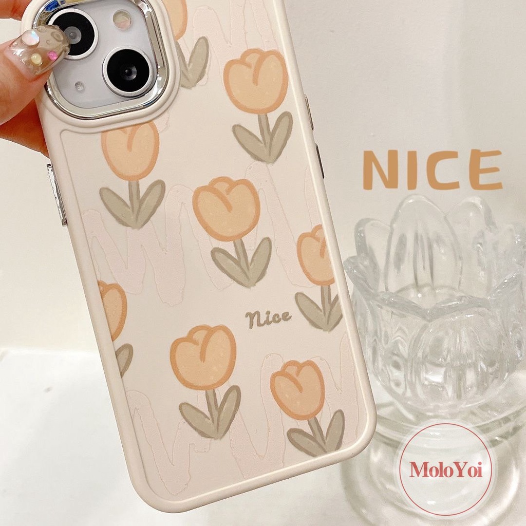 IPHONE Luxury Plating Electroplate Fresh Tulip Flower Phone Case Kompatibel Untuk Iphone11 14 12 13 Pro MAX 7plus 8plus XR X7 8 Plus XS MAX Frame Lensa Metal Shockproof Soft Cover