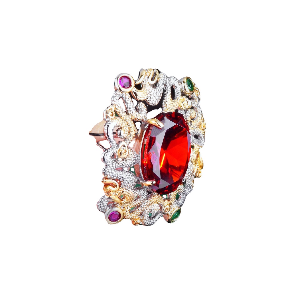 Goldkingdom Aksesoris Perhiasan Fashion Ready Stock Vintage Ukiran Kerajinan Awan Terbit Naga Xiang Cincin, Emas Merpati Darah Ruby Cincin