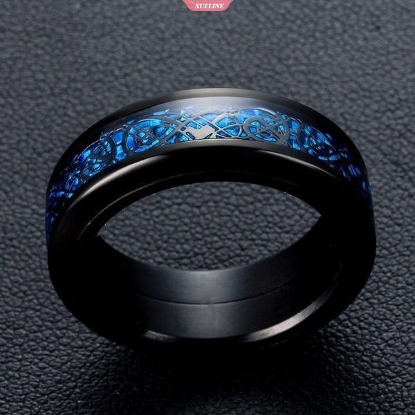 Mojygt Pria Cincin Perhiasan Merah Biru Hitam Naga Bertatahkan Kenyamanan Cocok Stainless Steel Rings Untuk Pria Pernikahan Cincin Lebar 8mm [ZXL]