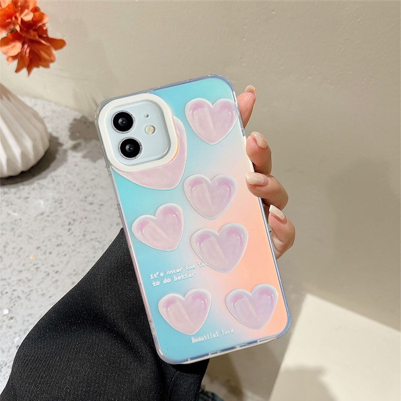 Compatible For IPhone 14 13 12 11 Pro Max X XR Xs Max 8 7 Plus SE 2020 Kompatibel Untuk Cinta Hati Yang Indah IMD Gradiasi Laser Casing Ponsel TPU Lembut Shockproof Cover Pelindung