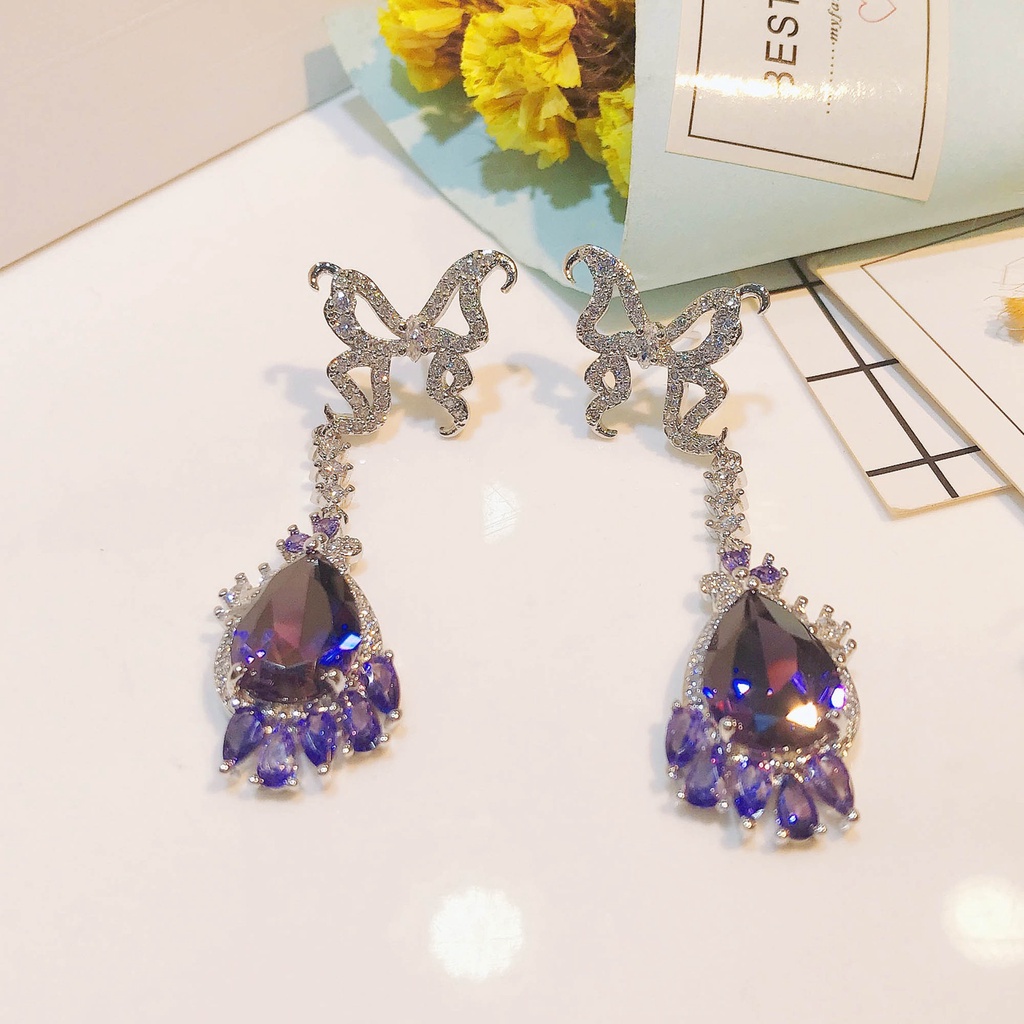 Goldkingdom Fashion Perhiasan Aksesoris Ready Stock Kupu-Kupu Stud Earrings Water Drop Pear Shaped Amethyst Zircon Anting Panjang Wanita