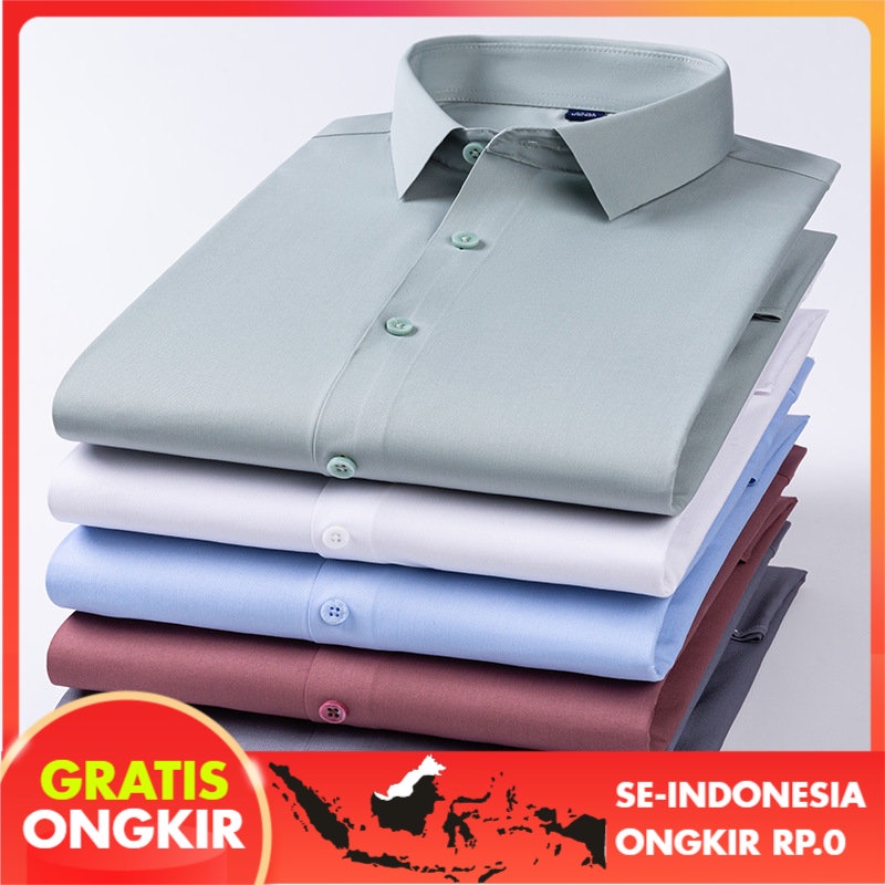 Kemeja Lengan Panjang Serat Bambu Pria, Baju Kerja Santai Warna Murni Satu Potong Dropshipping untuk