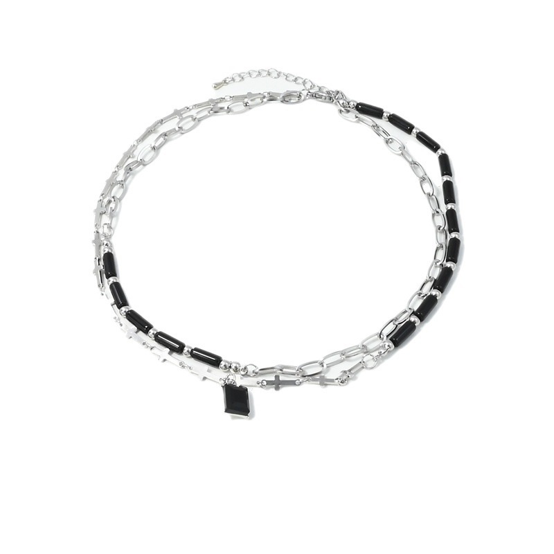 Musim Panas Unisex Niche Desain High-End Permata Hitam Double-Layer Zirkon Kalung Rantai Klavikula Wanita