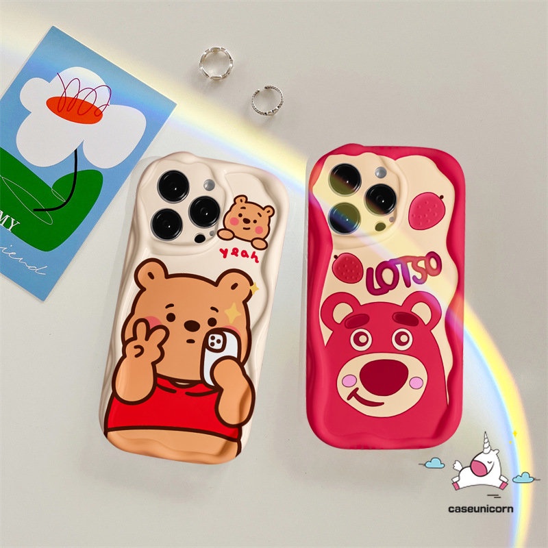 REDMI Untuk Redmi10 A1 10A 9A 10C A2 9T 9 9C NFC Note11 11s 10s 10 Pro Max Plus 10Pro POCO M3 Kartun Strawberry Bear Manyo Cute Winnie the Pooh 3D Wavy Curved Edge Soft Tpu Couple Case