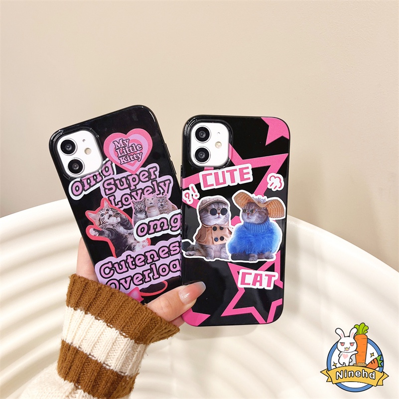 IPHONE Casing Kompatibel Untuk Iphone14 13 12 11 Pro Max X Xr Xs Max8 7 6 6s Plus SE 2020 Ins Label Keren Kucing Lucu Casing Ponsel Hitam Full Cover Shockproof Halus Glossy Lembut TPU Penutup Belakang