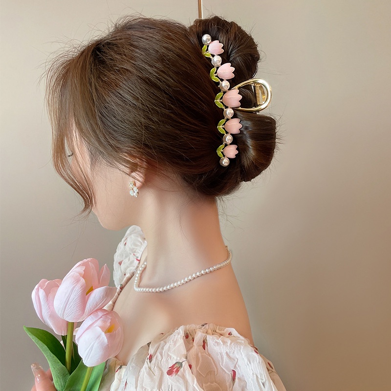 11 cm Tulip Logam Jepit Rambut Hair Claw Fashion Mutiara Hair Clip Aksesoris Rambut Wanita