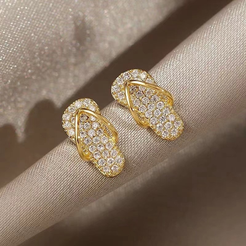 Lucu Mini Sepatu Slipper Zircon Stud Earrings Untuk Wanita Mewah Warna Emas Anting Tidak Biasa Korea Fashion Pesta Perhiasan