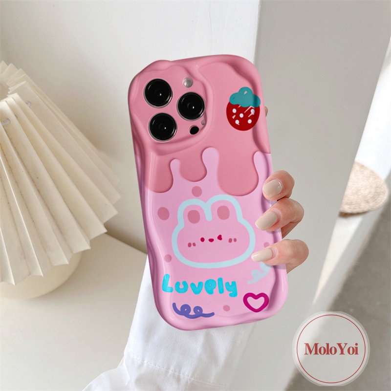Casing Pasangan Tepi Melengkung Bergelombang 3D Kompatibel Untuk IPhone XR XS X Max8 7 6 6s Plus 11 13 14 12 Pro Max SE 2020 Doodle Lembut Tpu Kartun Cherry Ice Cream Beruang Lucu Rabbit Phone Cover