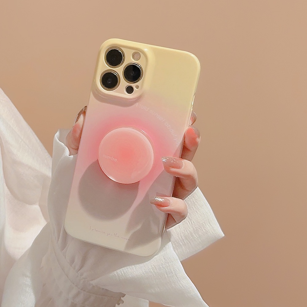 Ins Peach Sunset Hard Shell Film Fotografi Case Dengan Holder Pink Untuk Iphone SE2020 7/8 Plus 14x XR XM 11 12 13 PRO MAX Casing Cover Pelindung AT0320