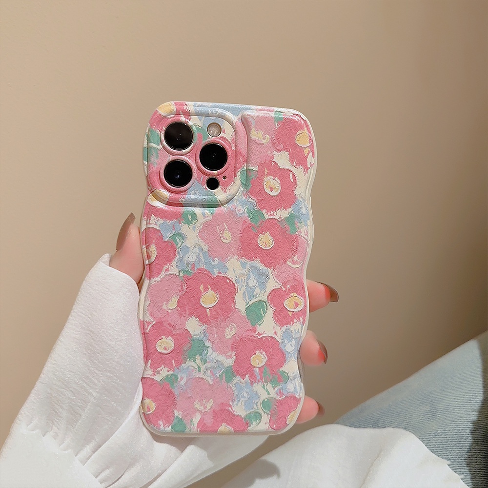 IPHONE Ins Lukisan Cat Minyak Cherry Pink Flowers Silicone Case Untuk Iphone14 11 12 13 PRO MAX Casing Cover Pelindung AT0313