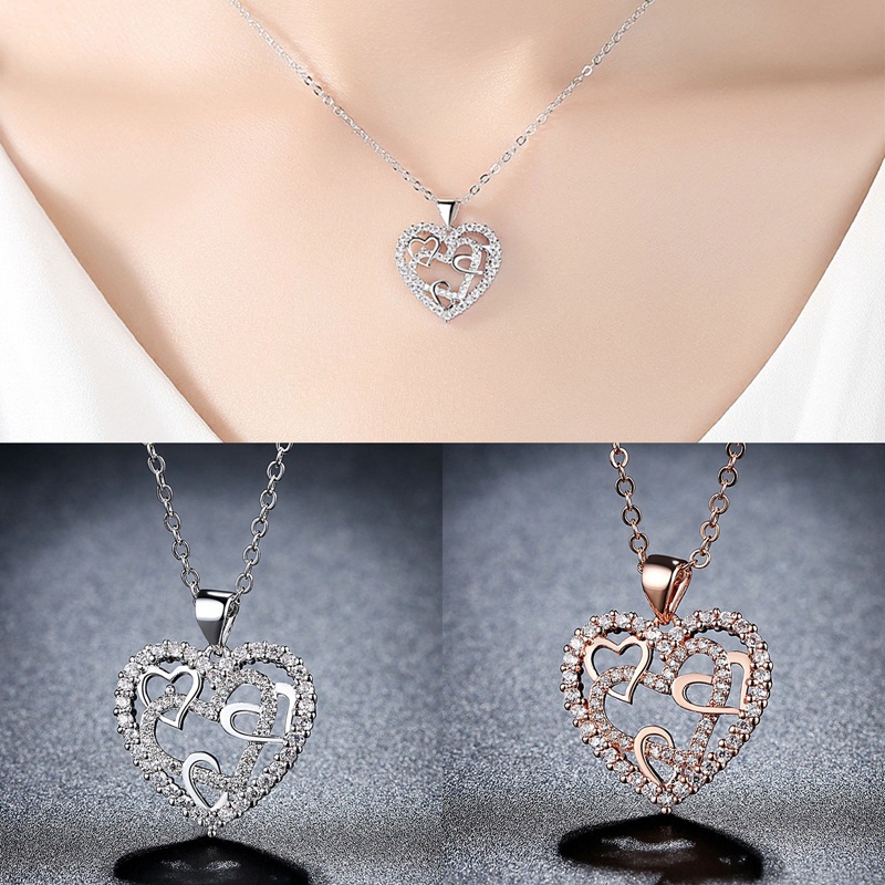 Jepang Korea Style Minimalis Cubic Zircon Cinta Ganda Kalung Tembaga Liontin Hati Rantai Sederhana