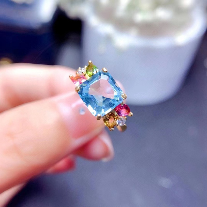 Baru Mewah Zamrud Cutting Santa Maria Buatan Aquamarine Laut Biru Topaz Cincin Untuk Wanita Warna Perak Perhiasan Pernikahan