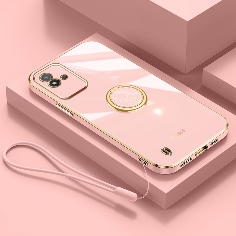 Andyh Casing Ponsel Silikon Ultra Tipis Untuk OPPO Realme Narzo 50i Deluxe Fall Protection Gold Band Dengan Cincin Jam Dan Lanyard Gratis