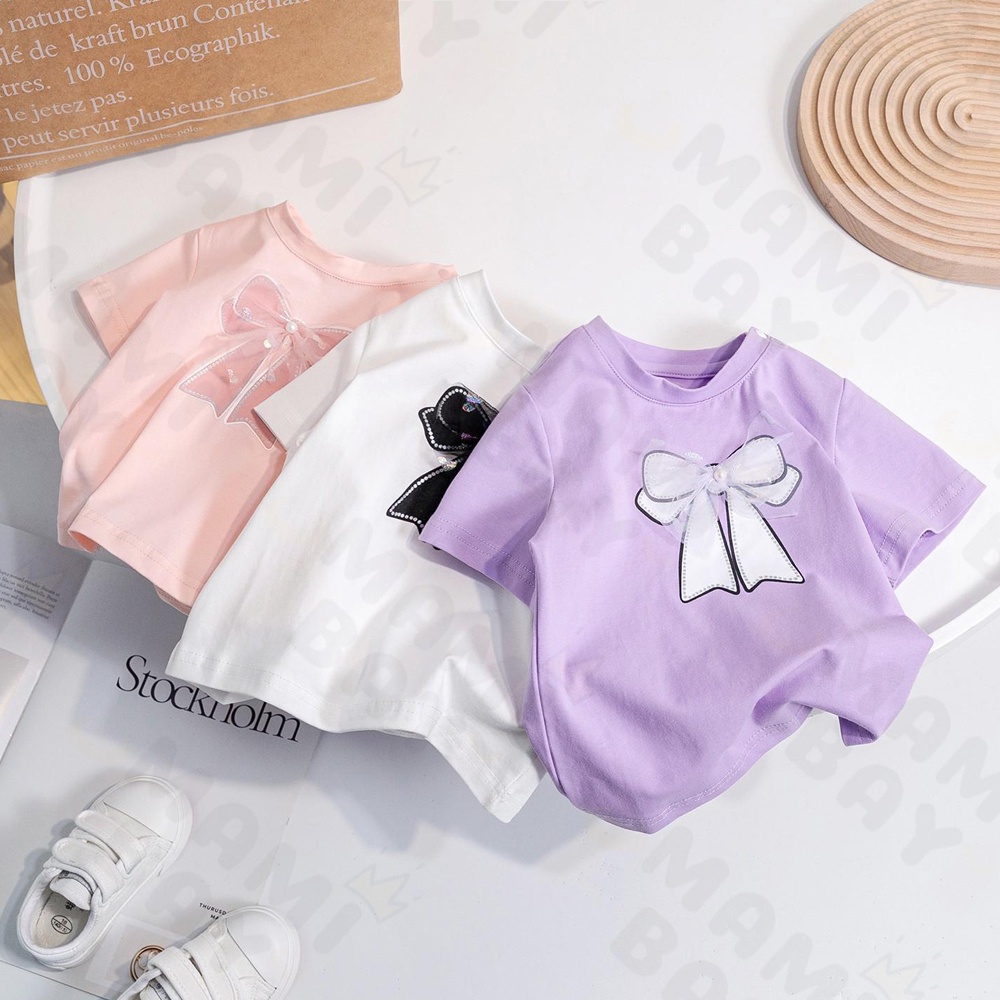 OKEYI baju anak bayi motif dasi kupu-kupu kaos anak perempuan lucu