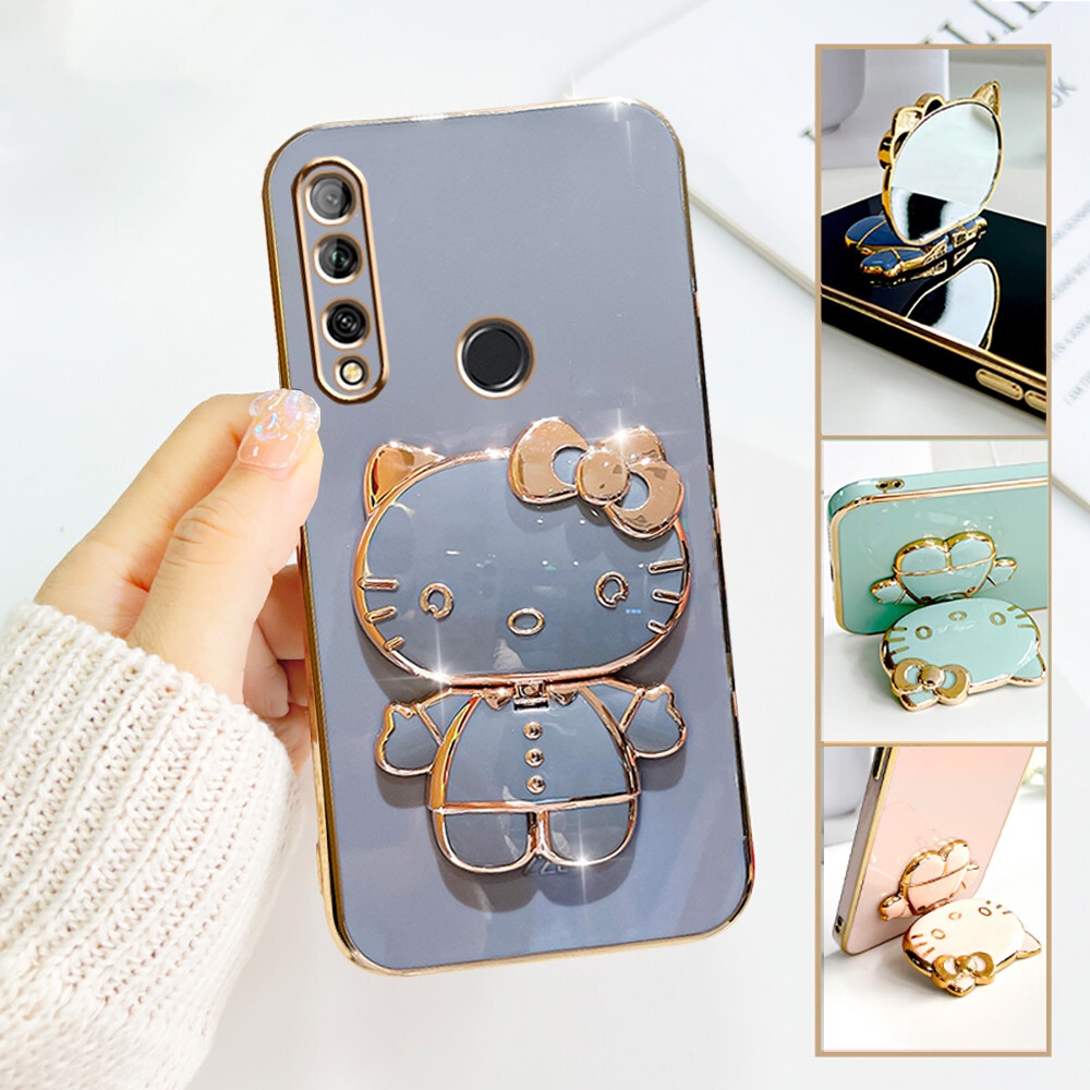 Vivo Y11 Y12 Y15 Y17 Y50 Y30i Y30 Y51 2021 Y31 Y53S Y51A Y19 S1 Pro V15 T1 Pro V9 Kucing Kitty Mewah Stand Lipat Makeup Mirror Holder Plating Karet Soft Phone Case BY