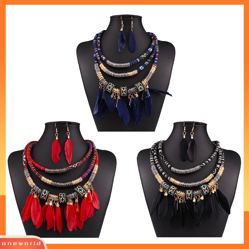 [ONE] 2 Pcs Bulu Rumbai Pesona Multilayer Choker Lady Statement Kalung Anting Set