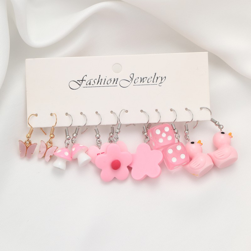 6 /12Pasang Kartun Drop Earrings Pink Bow Heart Kawaii Earring Untuk Wanita Fashion Perhiasan Aksesoris