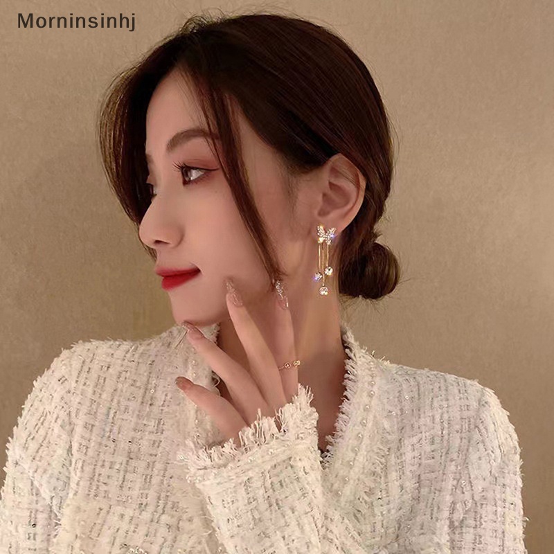 Mornin Korea Berlian Imitasi Mengkilap Mutiara Rumbai Drop Anting Untuk Wanita Elegan Imitasi Pearl Ikatan Simpul CZ Gantung Anting Perhiasan Pernikahan id